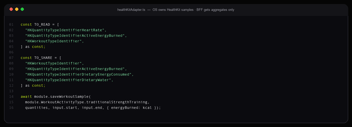 healthKitAdapter.ts HealthKit read and share quantity types