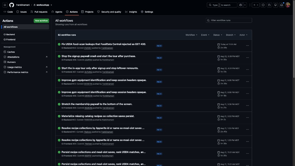 GitHub Actions: CI Backend and CI Frontend on workoutApp main