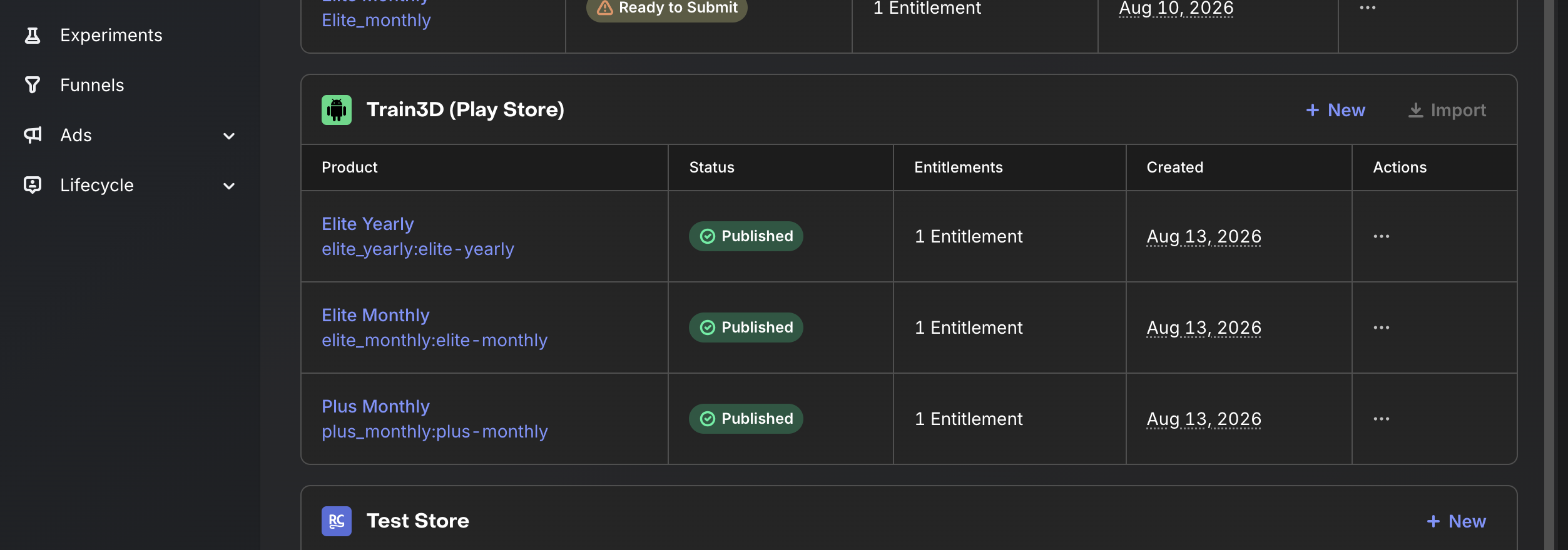 RevenueCat Play Store products plus_monthly, elite_monthly, and elite_yearly published