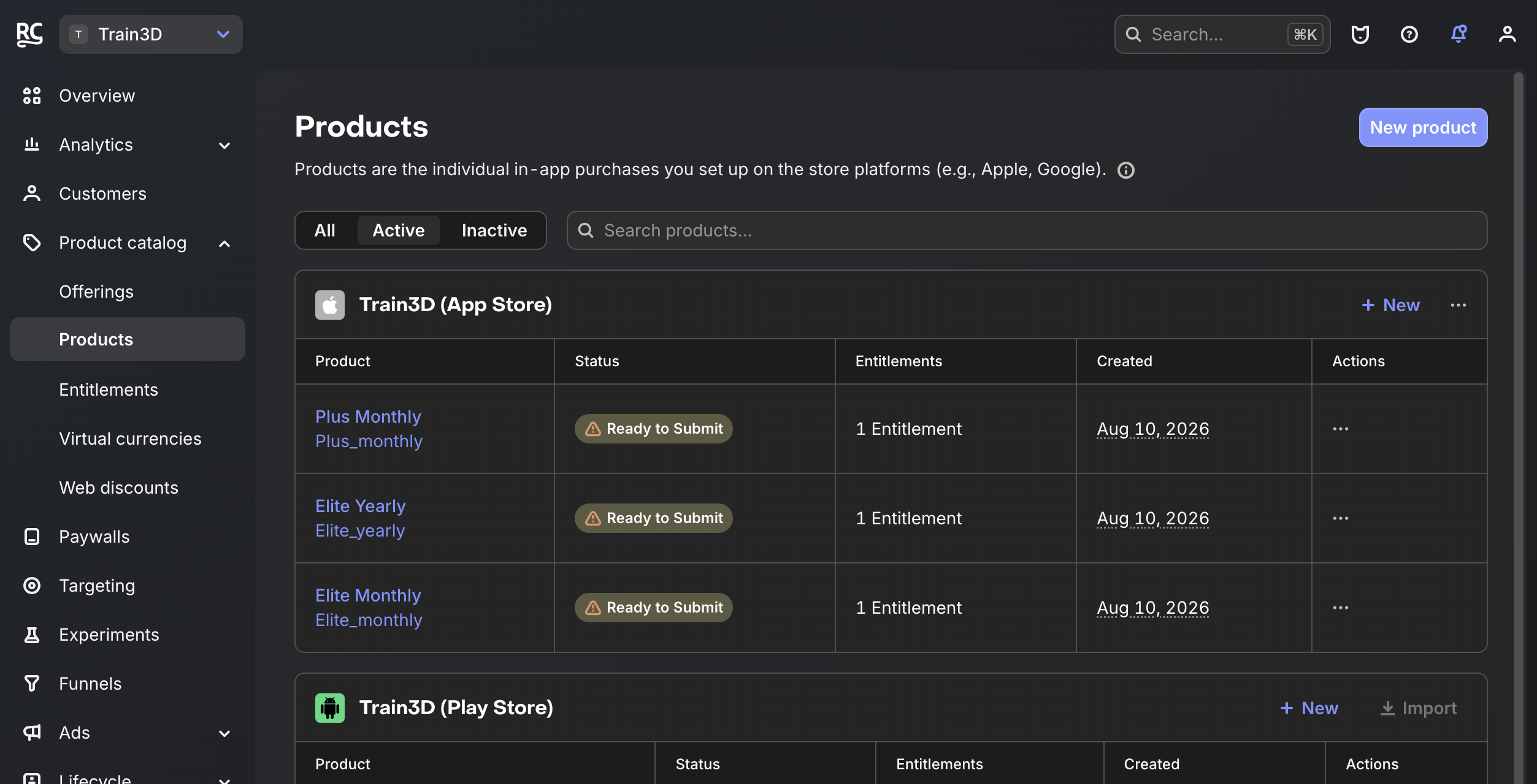 RevenueCat App Store products Plus Monthly, Elite Yearly, and Elite Monthly