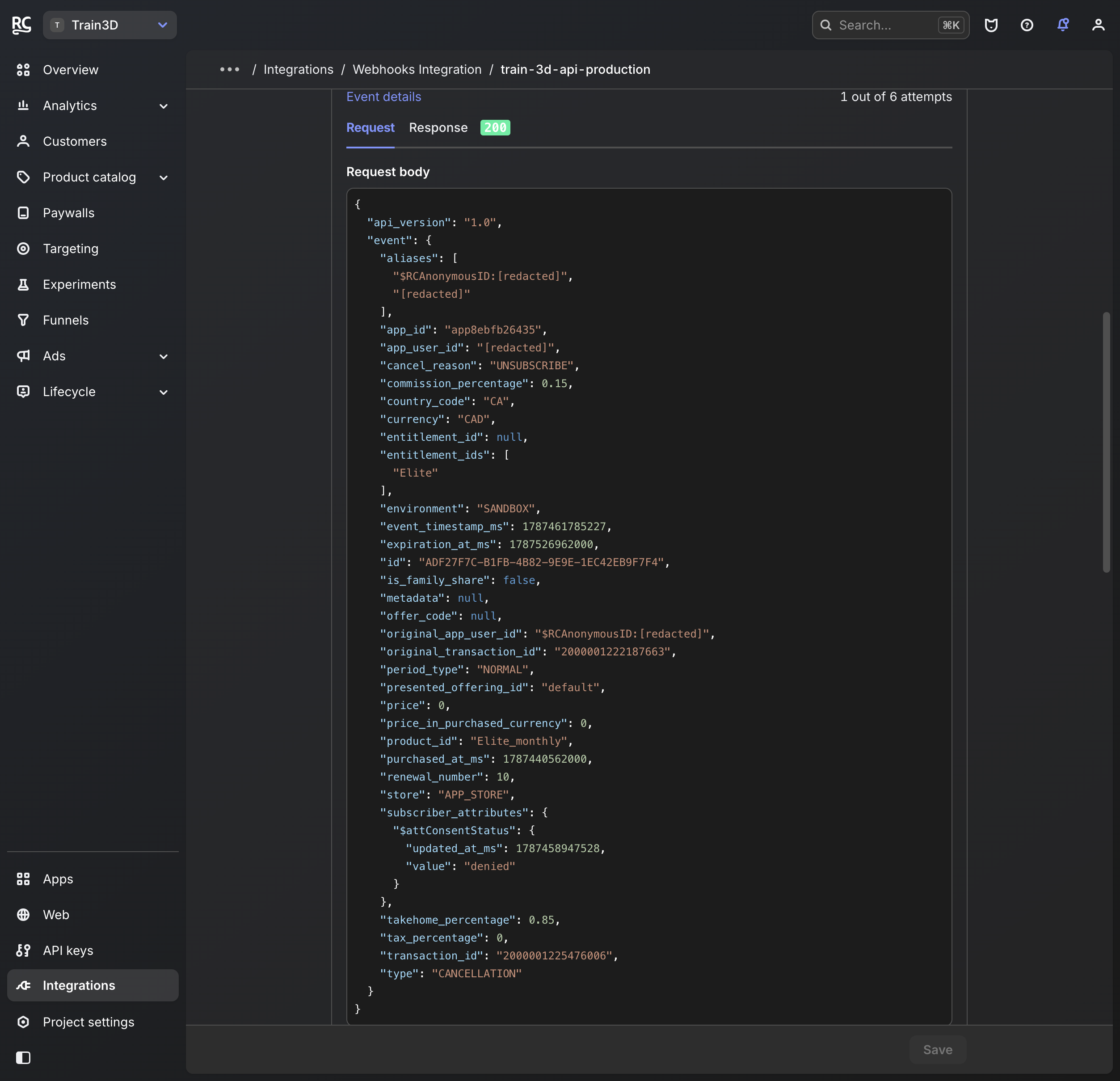 Expanded RevenueCat webhook request JSON for an Elite_monthly cancellation, subscriber ids redacted