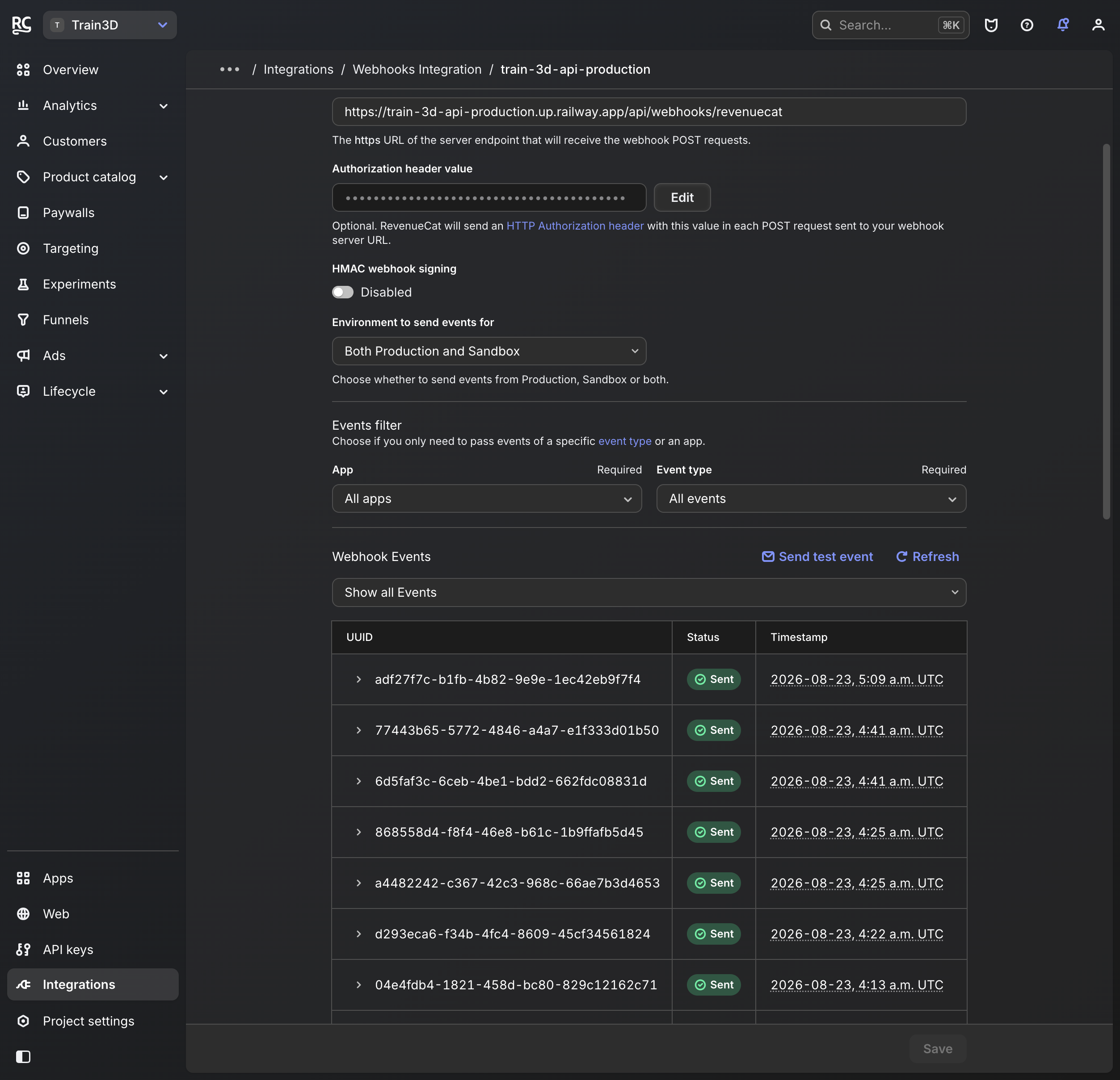 RevenueCat webhook train-3d-api-production with sent events