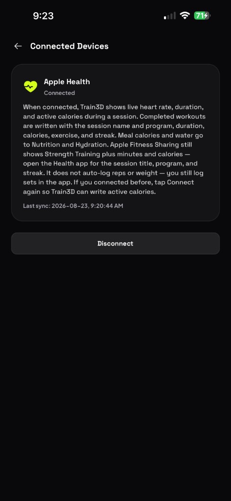Connected Devices showing Apple Health connected with last sync time