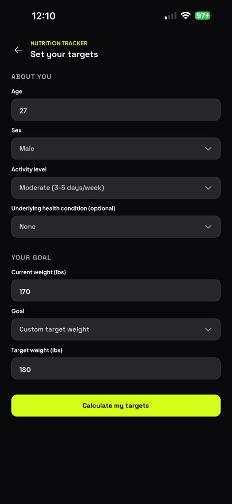 Nutrition Tracker: Set your targets with age, activity, and a weight goal