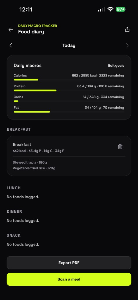 Food diary: daily macros remaining, a scanned breakfast, and scan a meal