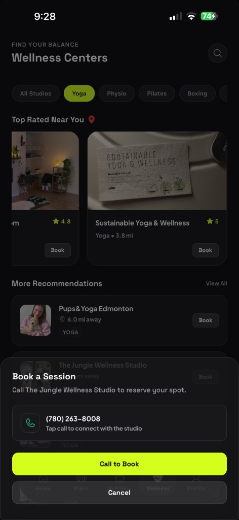 Wellness booking: yoga studio Book a Session sheet, cooking classes on the same screen